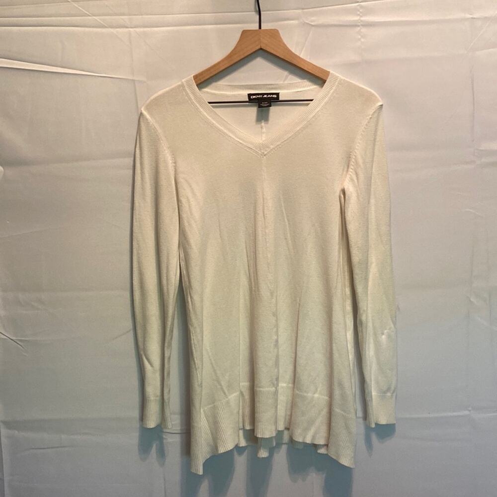 DKNY Jeans Off-White Lightweight V-Neck Long Sweater